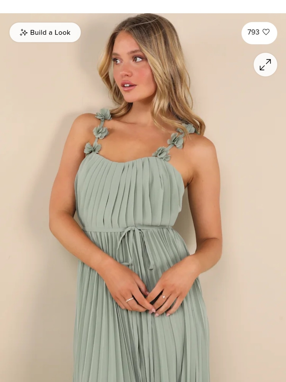 Lulu's Sage Pleated Midi Dress with Floral Tie Straps